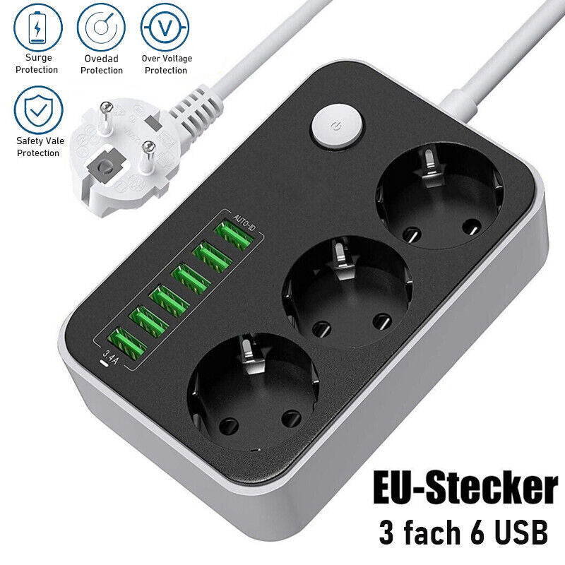 EU Plug Power Strip 2M Extension Cable Multiprise