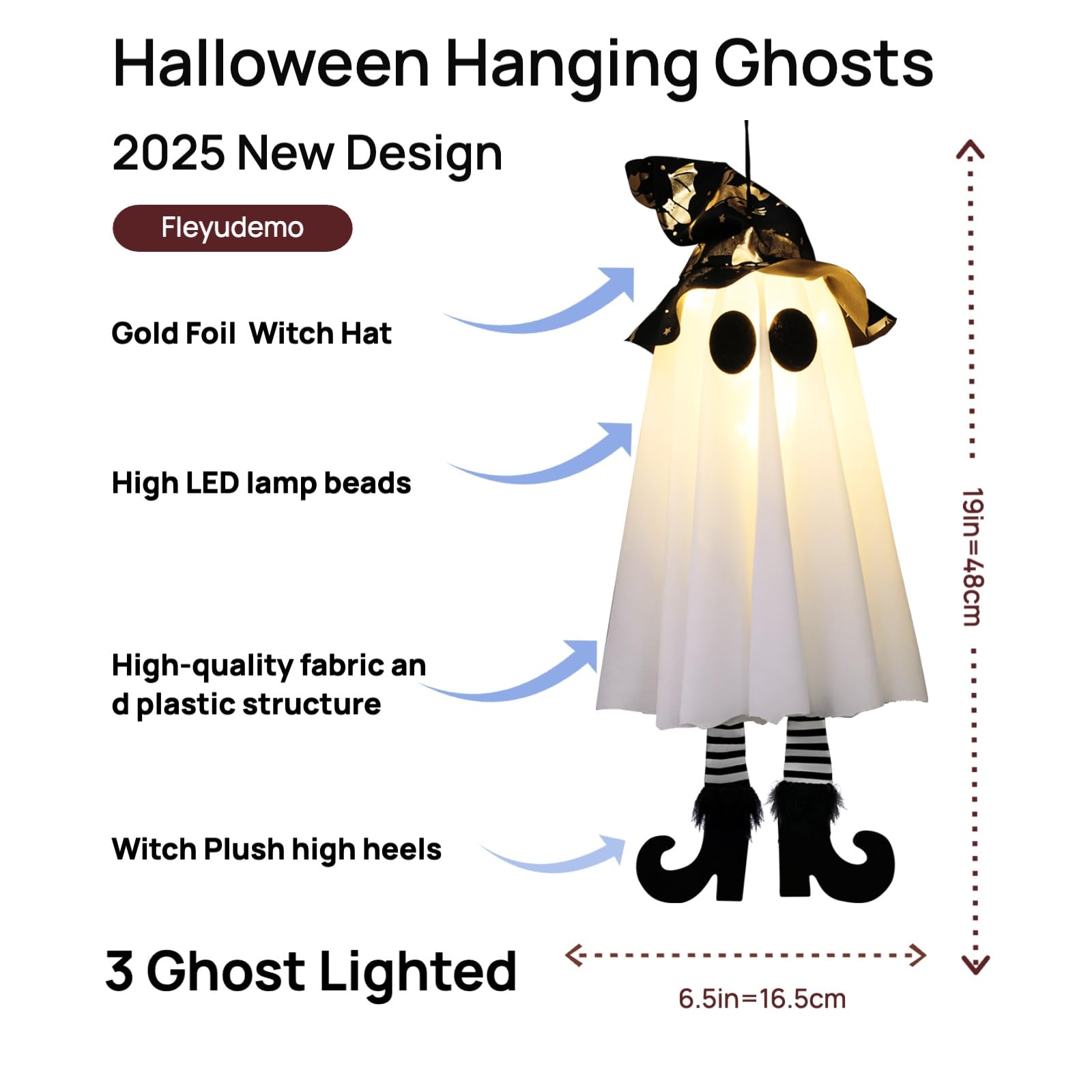 3-Pack Light-Up Hanging Halloween Ghosts with Witch Hats