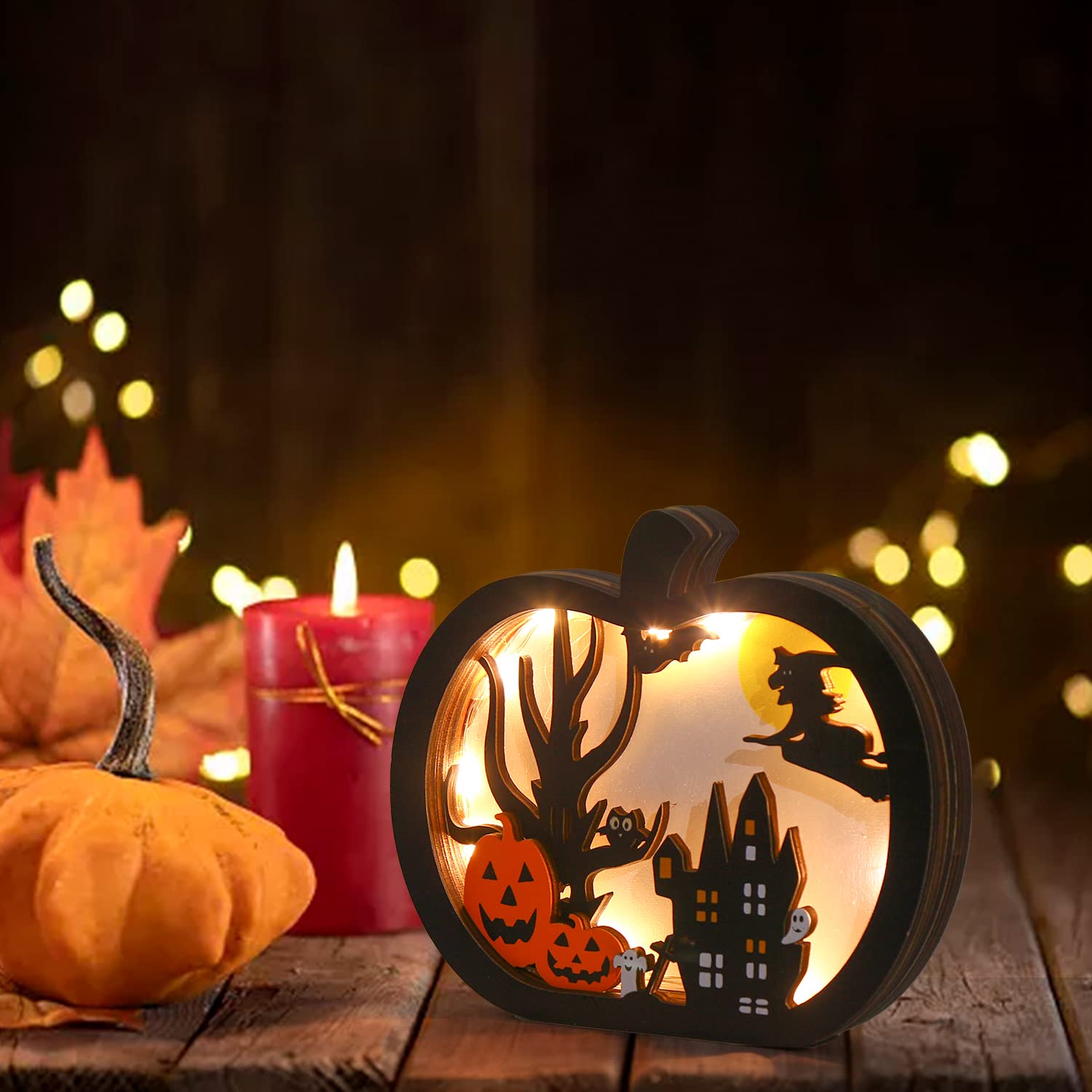 FOIMAS Light-Up Halloween Wooden Pumpkin Sign
