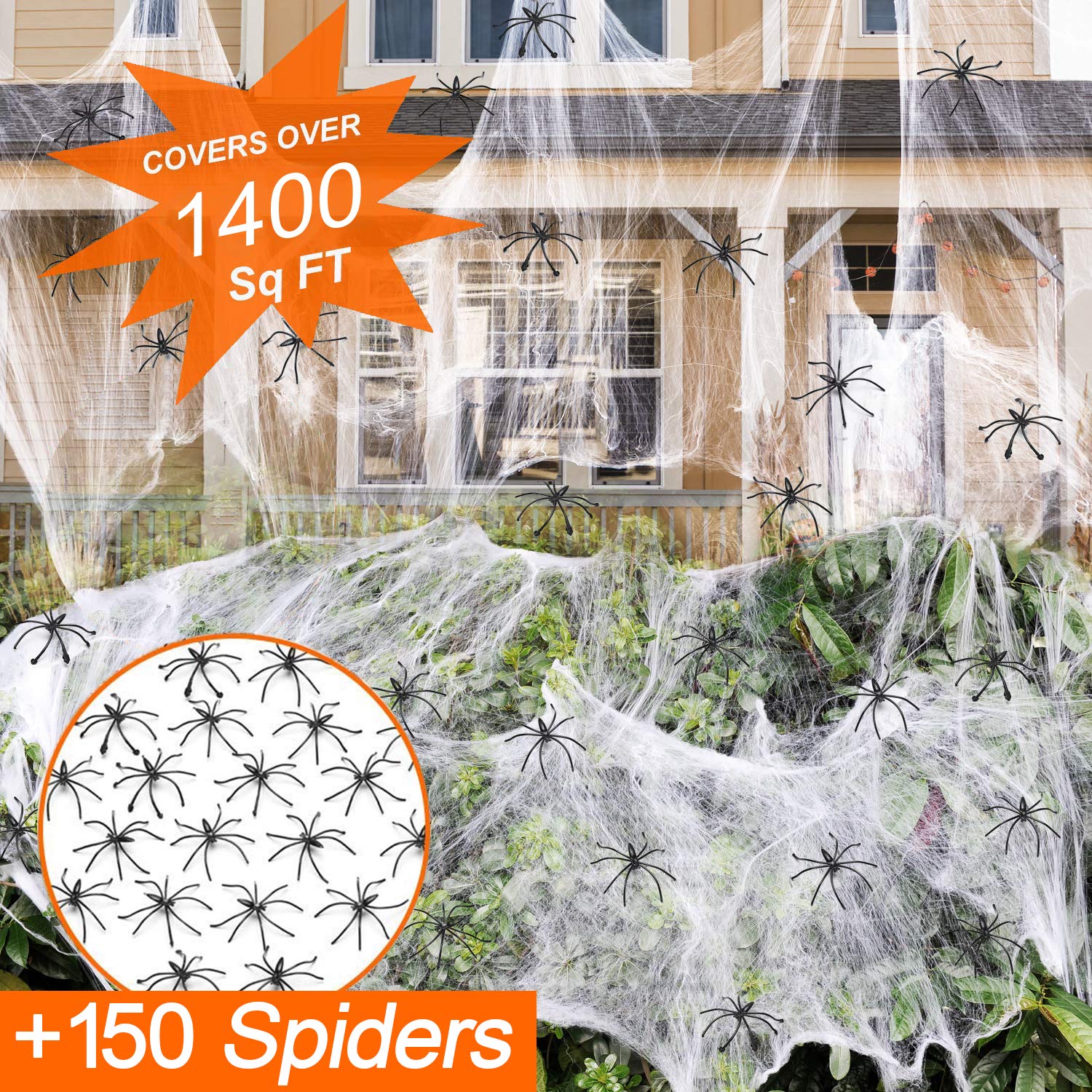 1400 Sqft Halloween Spider Web with 150 Fake Spiders