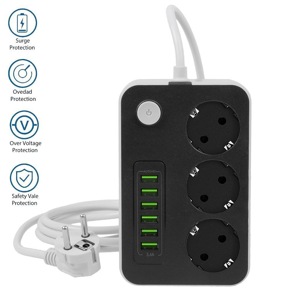 EU Plug Power Strip 2M Extension Cable Multiprise